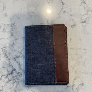 Mens Passport cover. Color gray with brown vegan leather stripe.